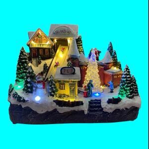 Gerson Alpine Village Christmas Castle Musical Revolving Tree Skiers Lighted